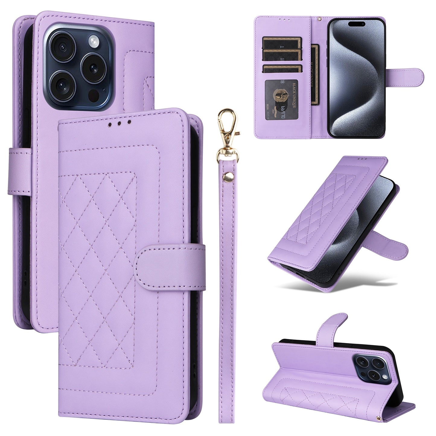 iPhone 15 Pro Diamond Lattice Leather Flip Phone Case - Durable and Convenient Holder with Precision Cutouts