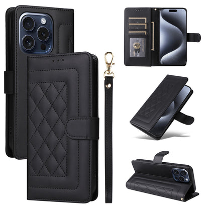 iPhone 15 Pro Diamond Lattice Leather Flip Phone Case - Durable and Convenient Holder with Precision Cutouts