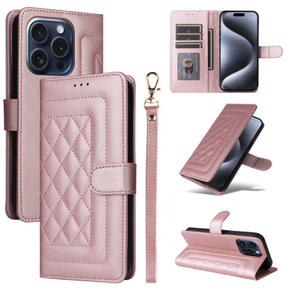 iPhone 15 Pro Max Diamond Lattice Leather Flip Phone Case - Durable and Convenient Holder with Precision Cutouts