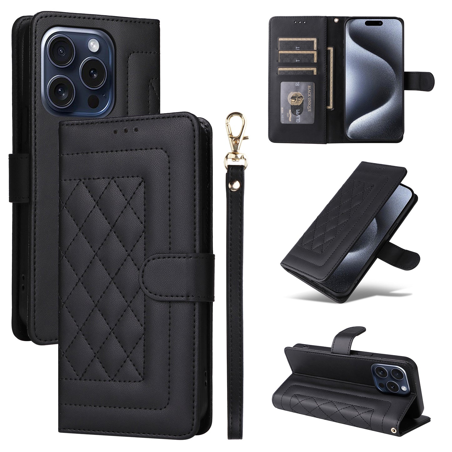 iPhone 15 Pro Max Diamond Lattice Leather Flip Phone Case - Durable and Convenient Holder with Precision Cutouts