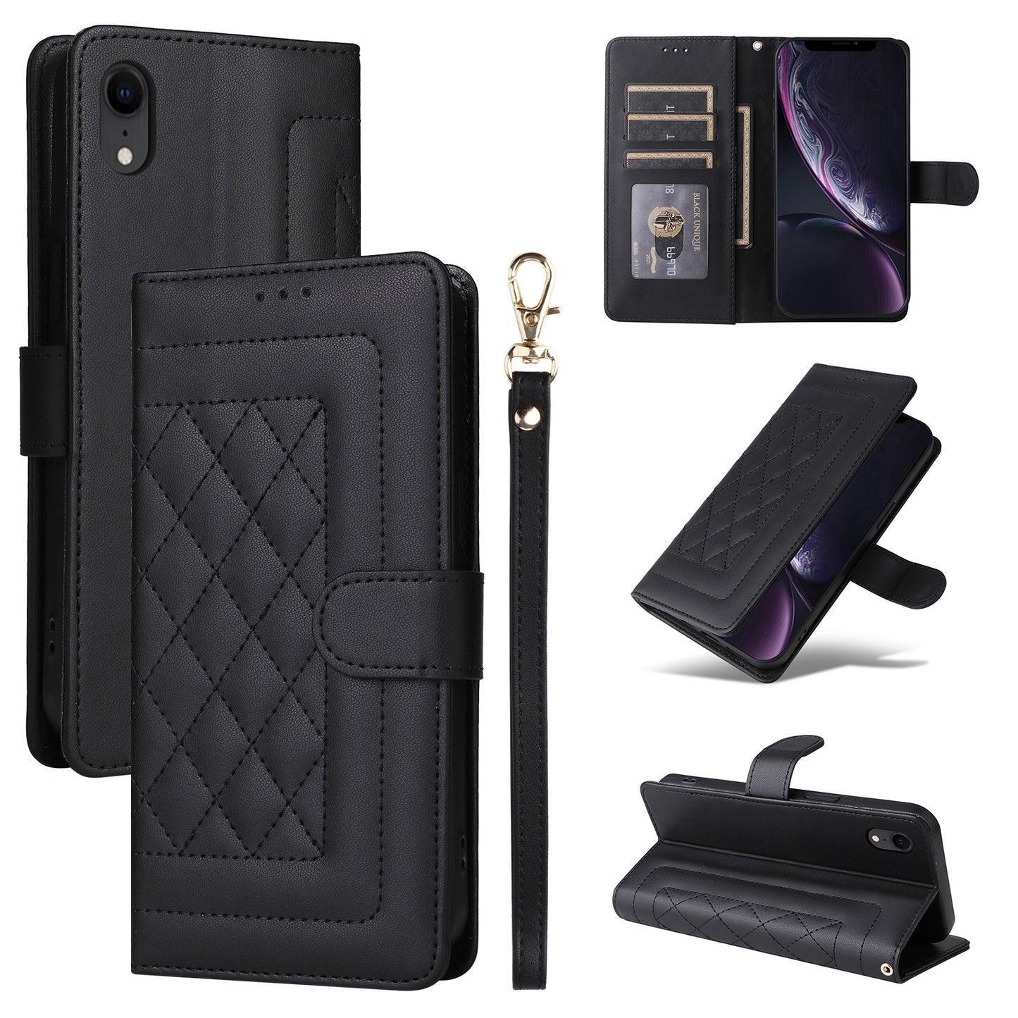 iPhone XR Diamond Lattice Leather Flip Phone Case - Durable and Convenient Holder with Precision Cutouts