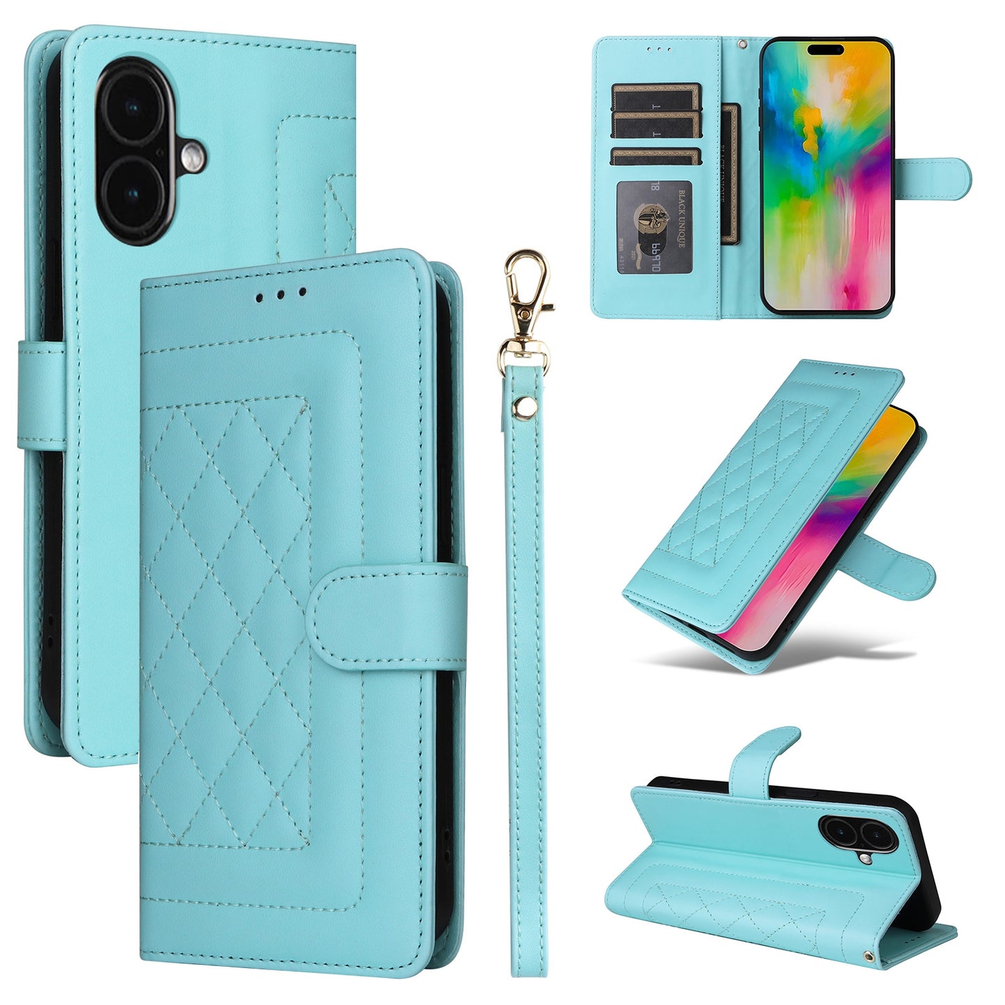 iPhone 16 Diamond Lattice Leather Flip Phone Case - Durable and Convenient Holder with Precision Cutouts