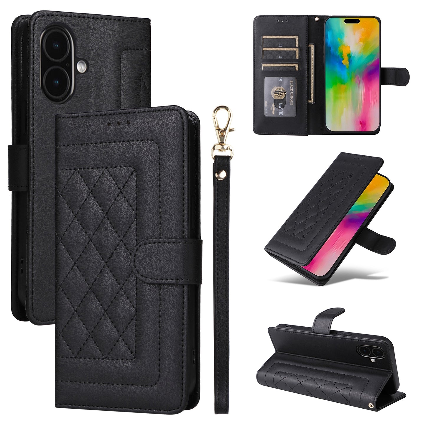 iPhone 16 Diamond Lattice Leather Flip Phone Case - Durable and Convenient Holder with Precision Cutouts