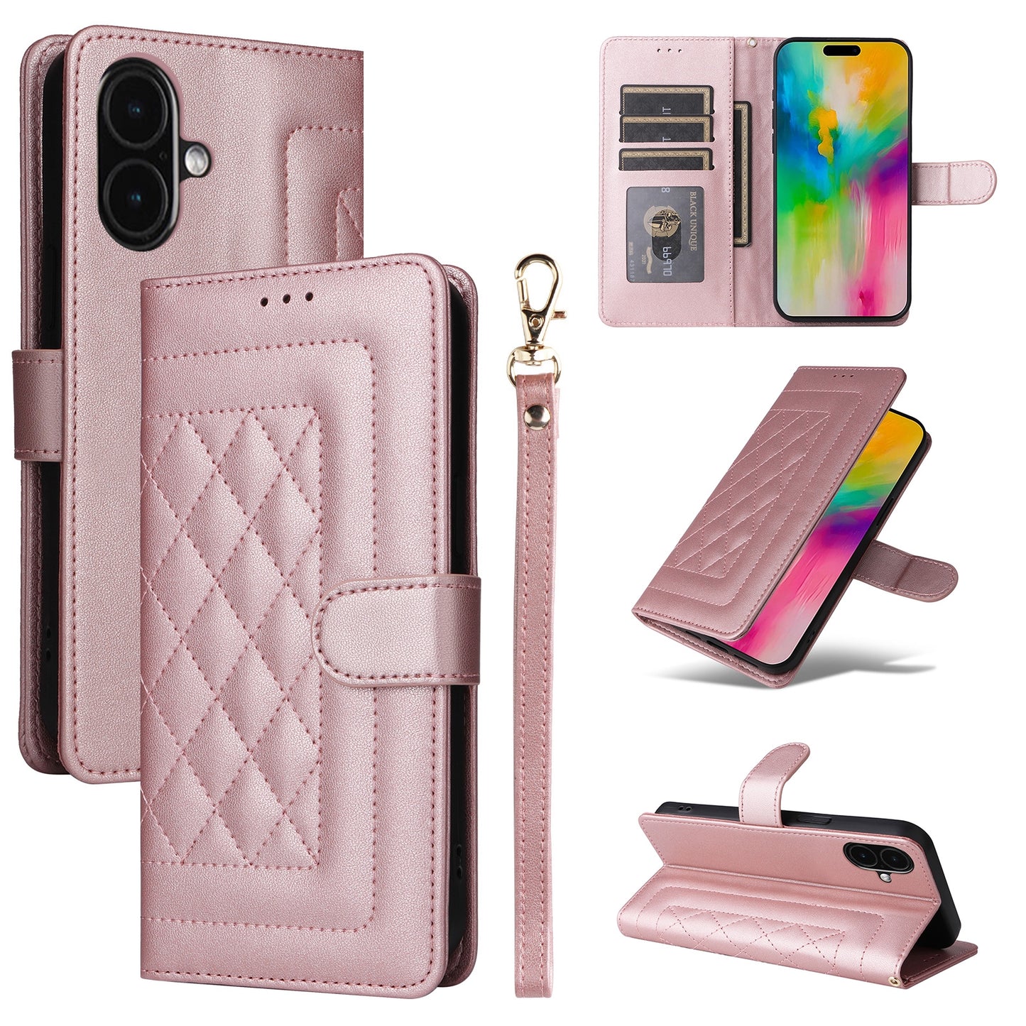 iPhone 16 Plus Diamond Lattice Leather Flip Phone Case - Durable and Convenient Holder with Precision Cutouts