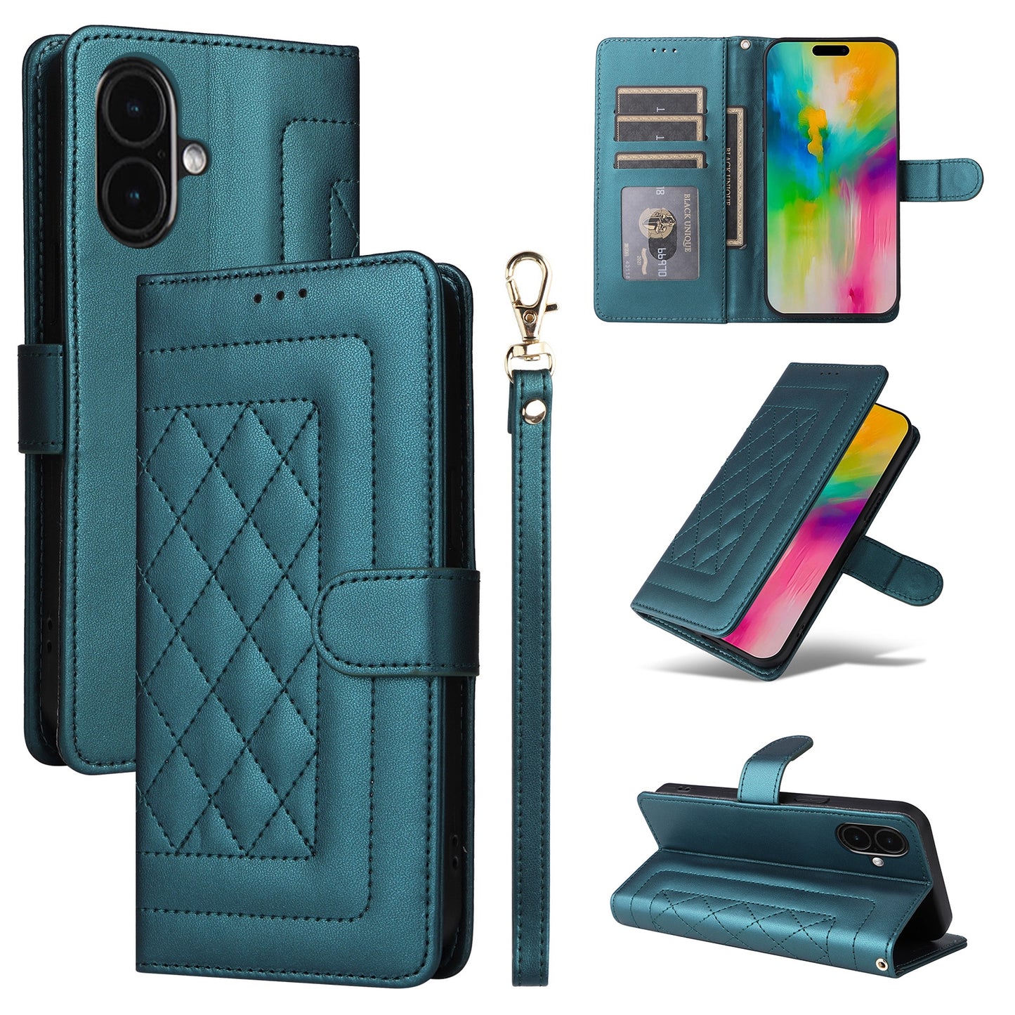 iPhone 16 Plus Diamond Lattice Leather Flip Phone Case - Durable and Convenient Holder with Precision Cutouts