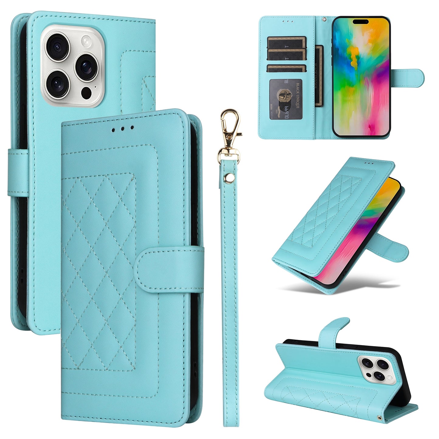 iPhone 16 Pro Diamond Lattice Leather Flip Phone Case - Durable and Convenient Holder with Precision Cutouts