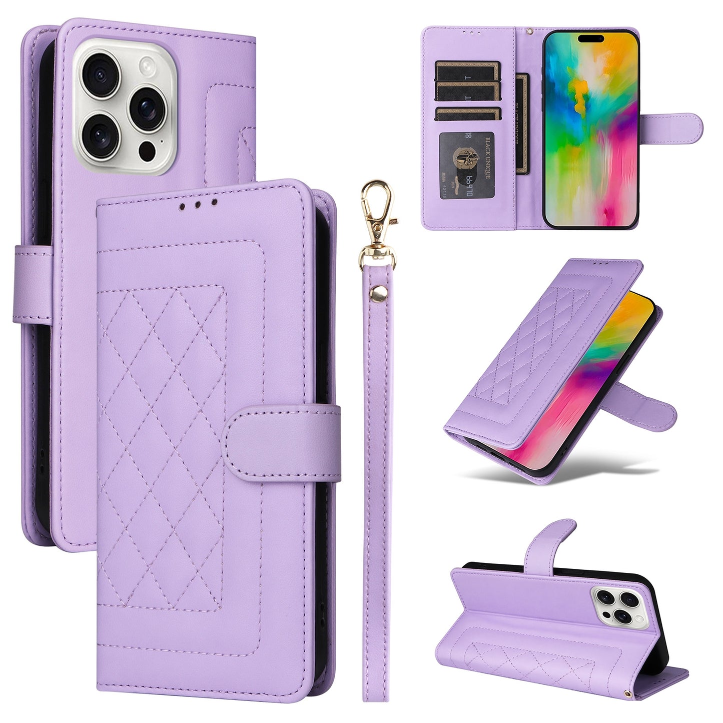 iPhone 16 Pro Diamond Lattice Leather Flip Phone Case - Durable and Convenient Holder with Precision Cutouts