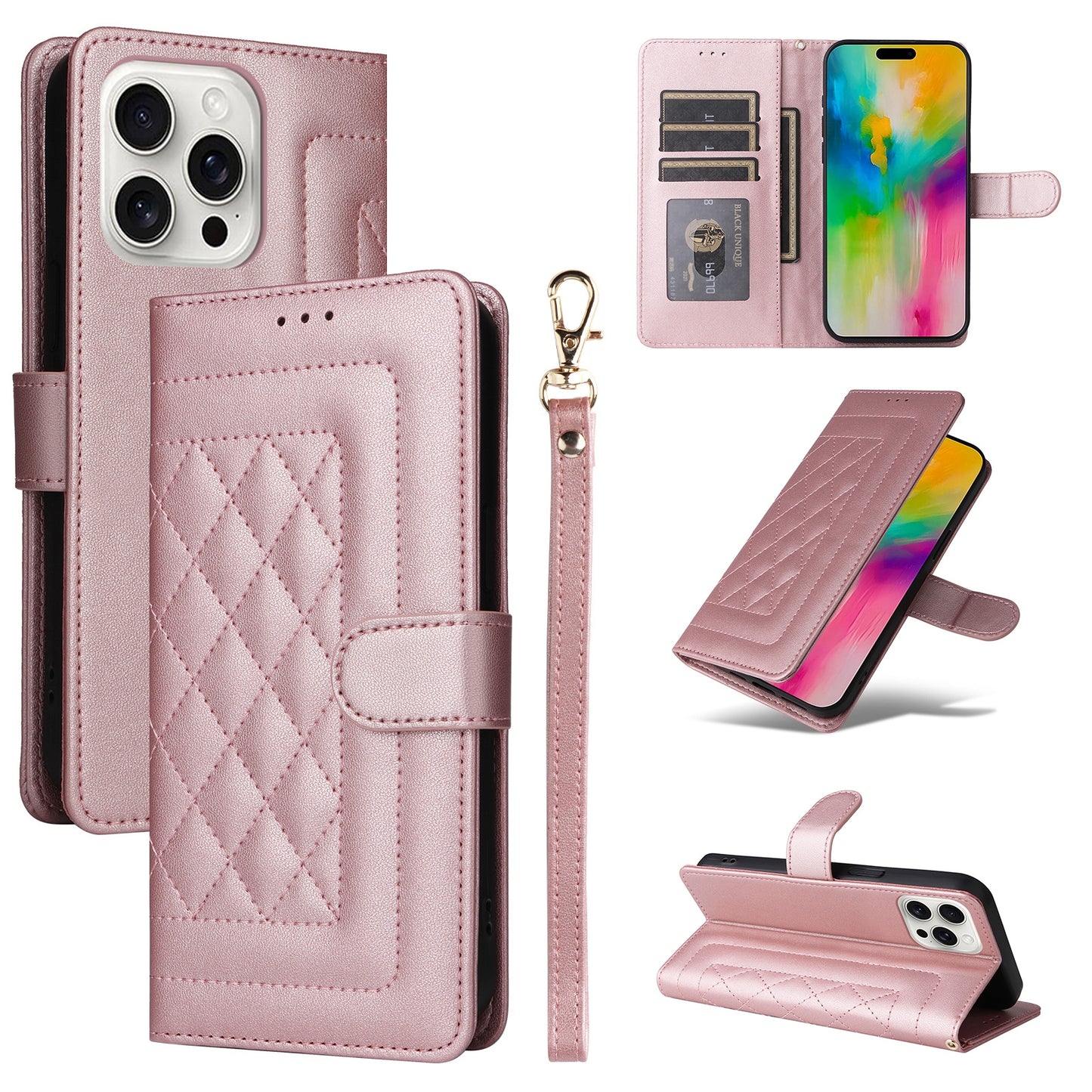 iPhone 16 Pro Diamond Lattice Leather Flip Phone Case - Durable and Convenient Holder with Precision Cutouts