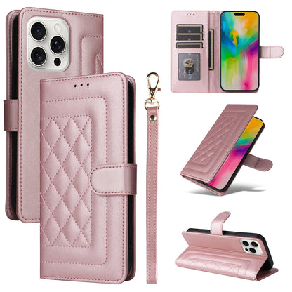 iPhone 16 Pro Diamond Lattice Leather Flip Phone Case - Durable and Convenient Holder with Precision Cutouts