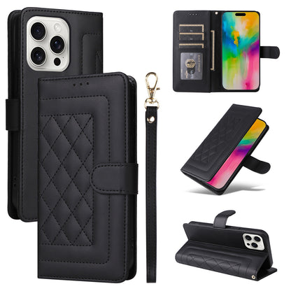 iPhone 16 Pro Diamond Lattice Leather Flip Phone Case - Durable and Convenient Holder with Precision Cutouts