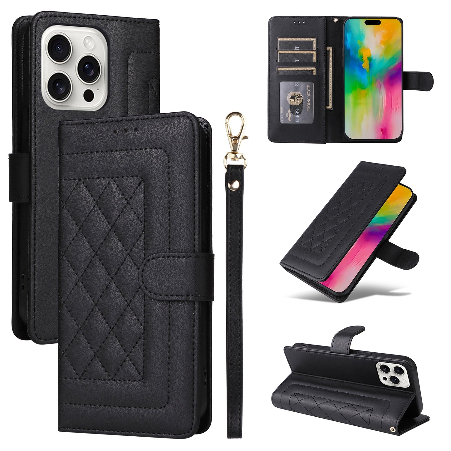 iPhone 16 Pro Max Diamond Lattice Leather Flip Phone Case - Durable and Convenient Holder with Precision Cutouts