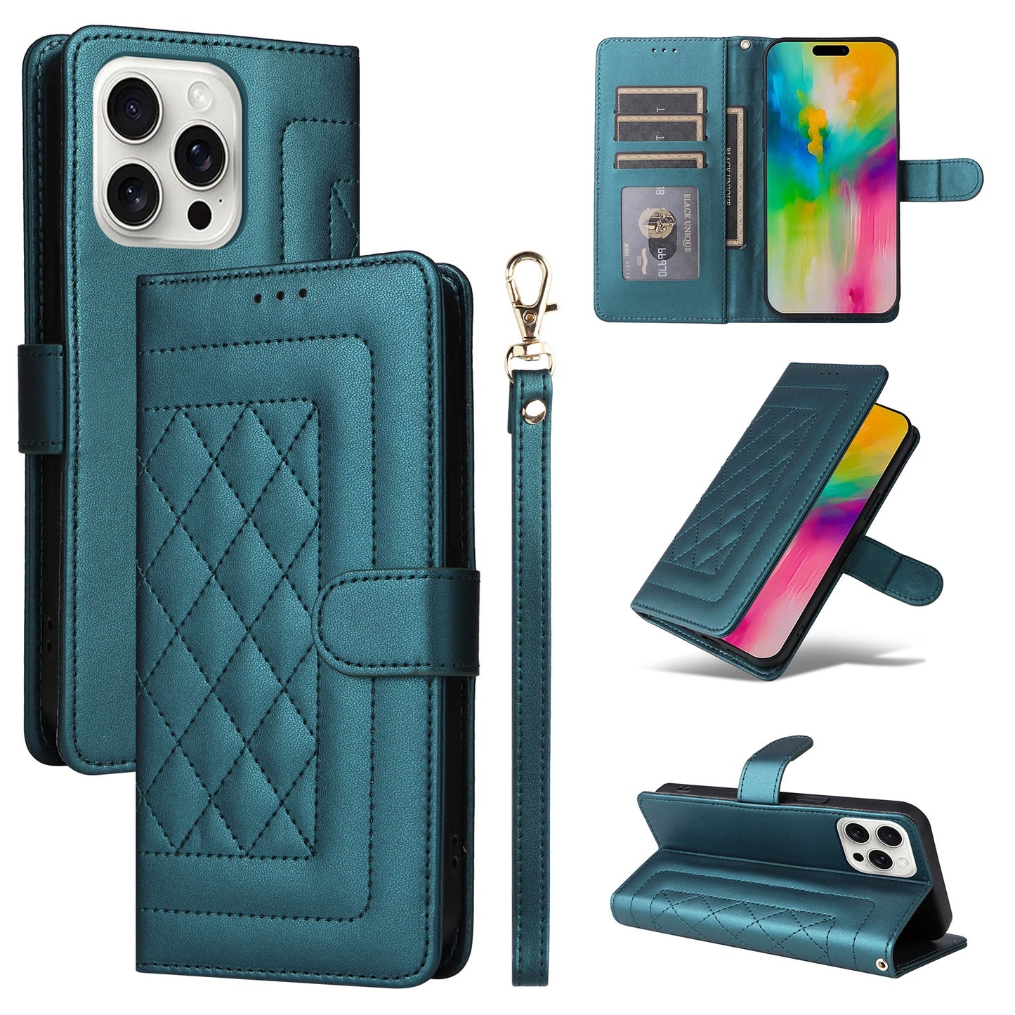 iPhone 16 Pro Max Diamond Lattice Leather Flip Phone Case - Durable and Convenient Holder with Precision Cutouts