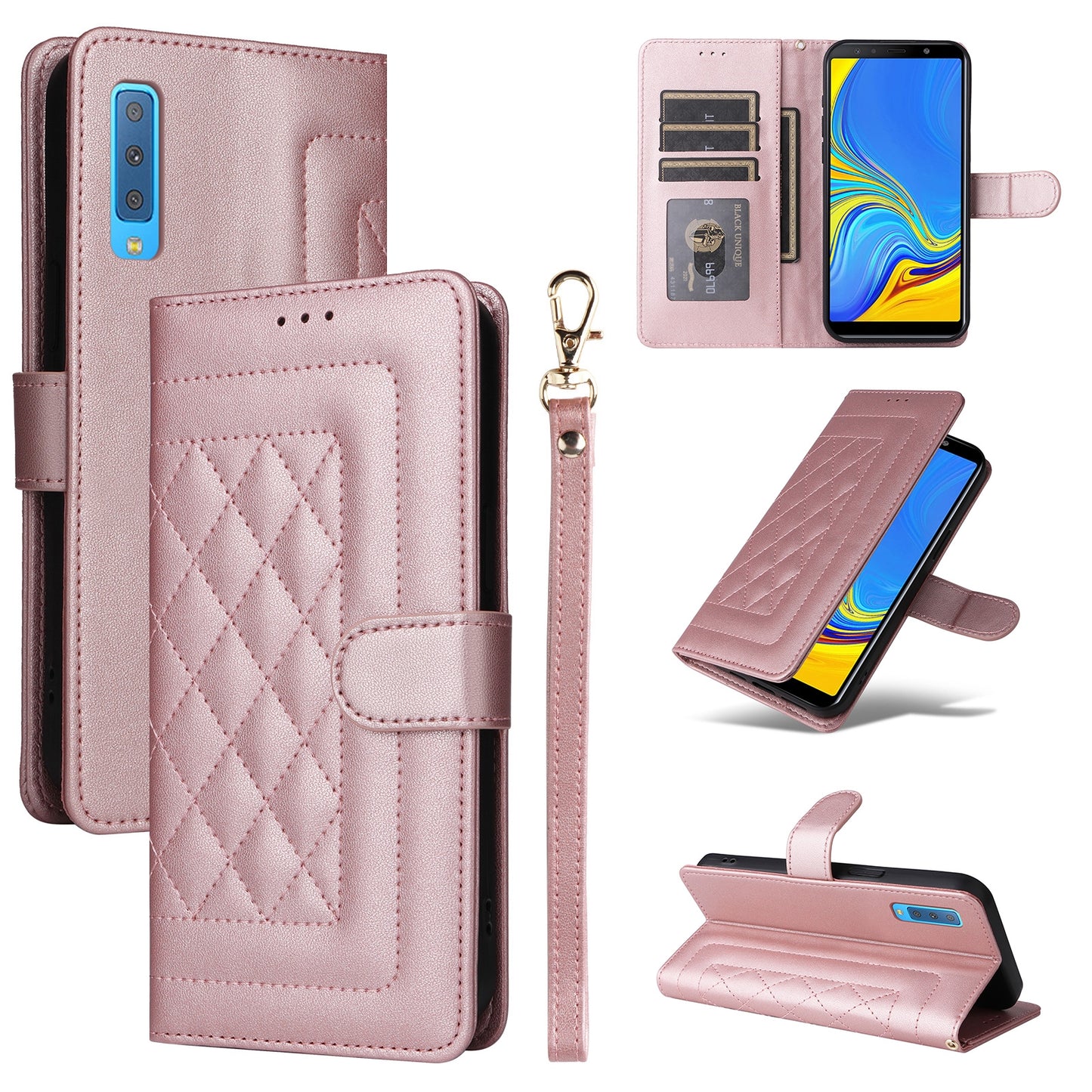 Samsung Galaxy A7 Diamond Lattice Leather Flip Phone Case - Durable and Convenient Holder with Precision Cutouts