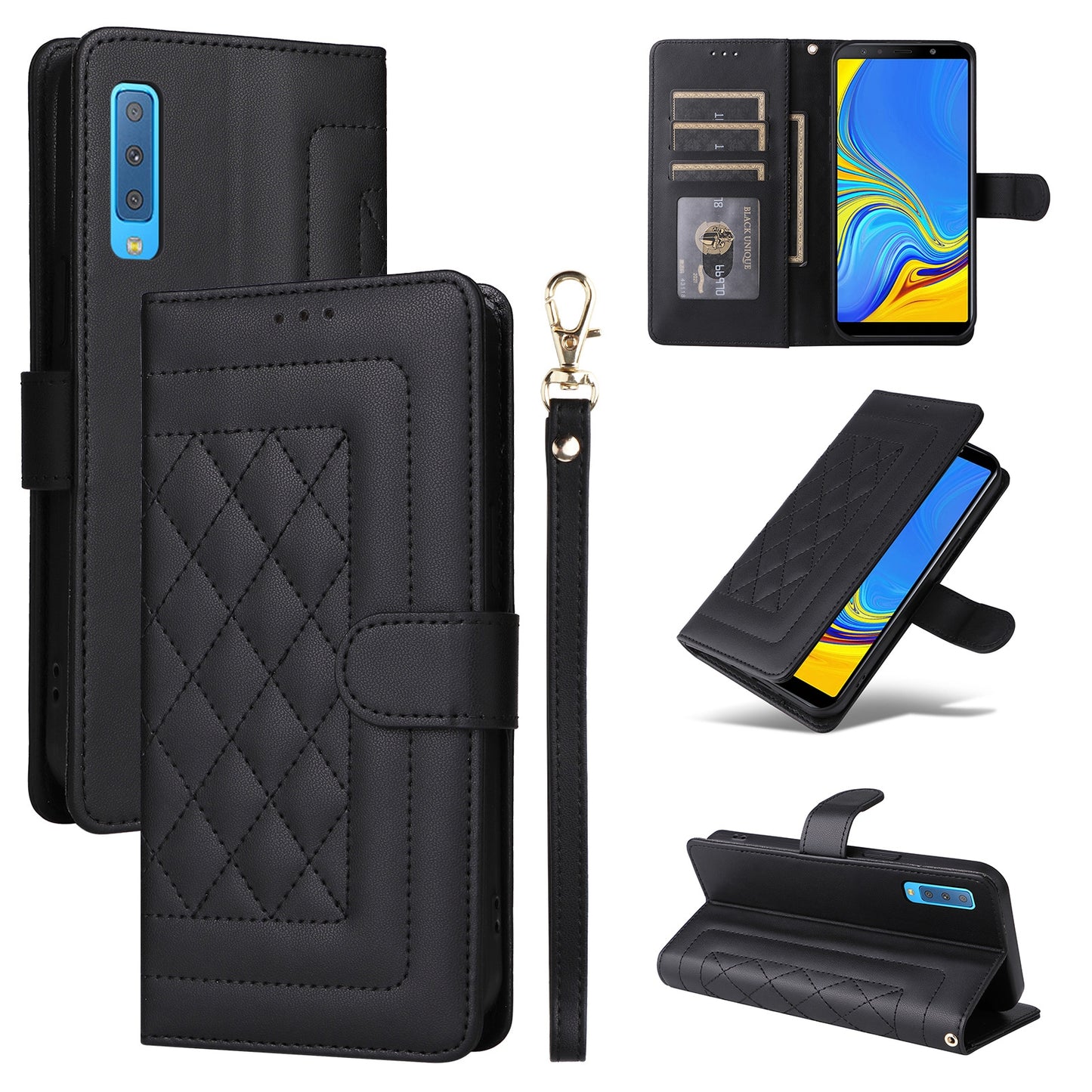 Samsung Galaxy A7 Diamond Lattice Leather Flip Phone Case - Durable and Convenient Holder with Precision Cutouts