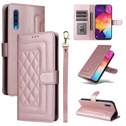 Samsung Galaxy A50 Diamond Lattice Leather Flip Phone Case - Durable and Convenient Holder with Precision Cutouts