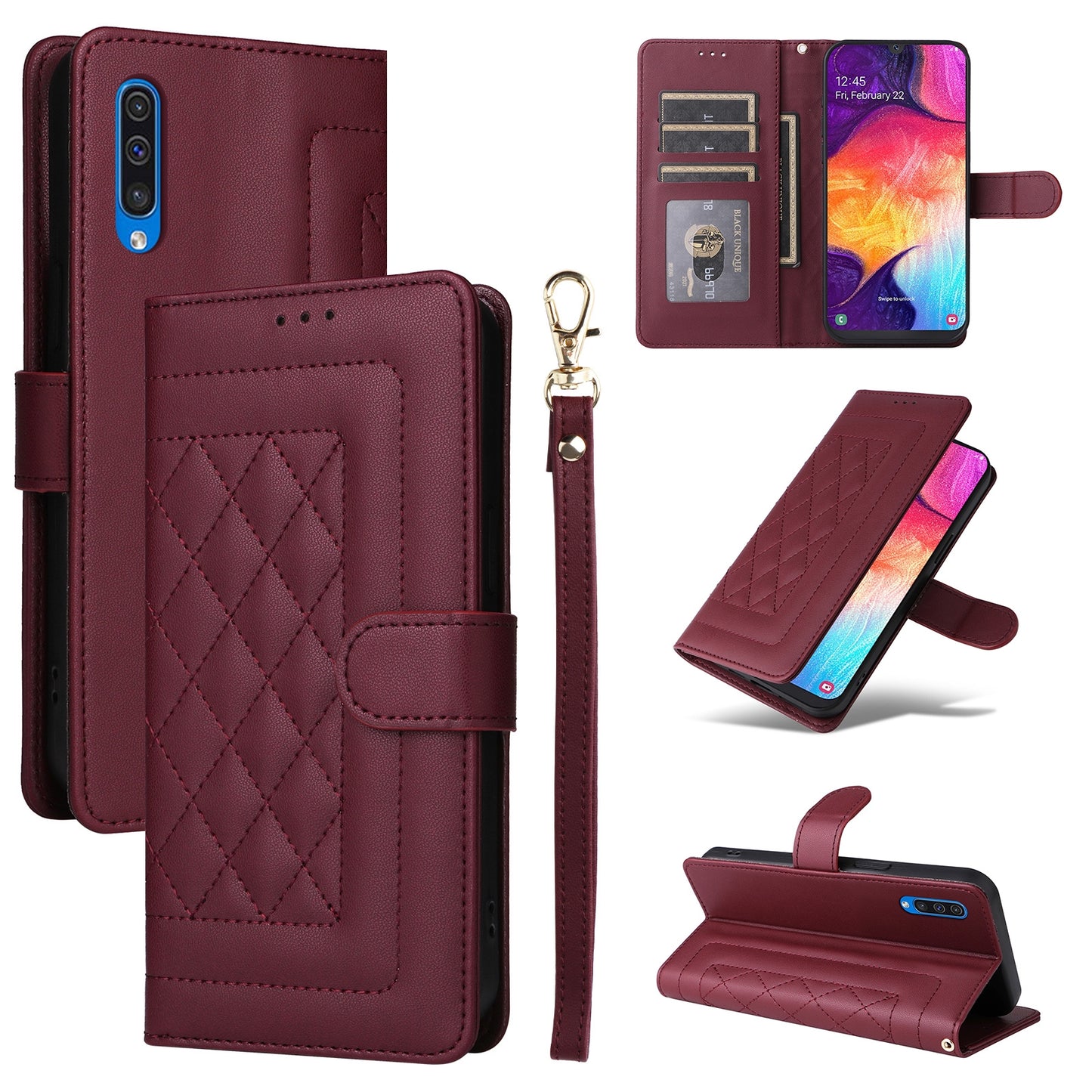 Samsung Galaxy A50 Diamond Lattice Leather Flip Phone Case - Durable and Convenient Holder with Precision Cutouts