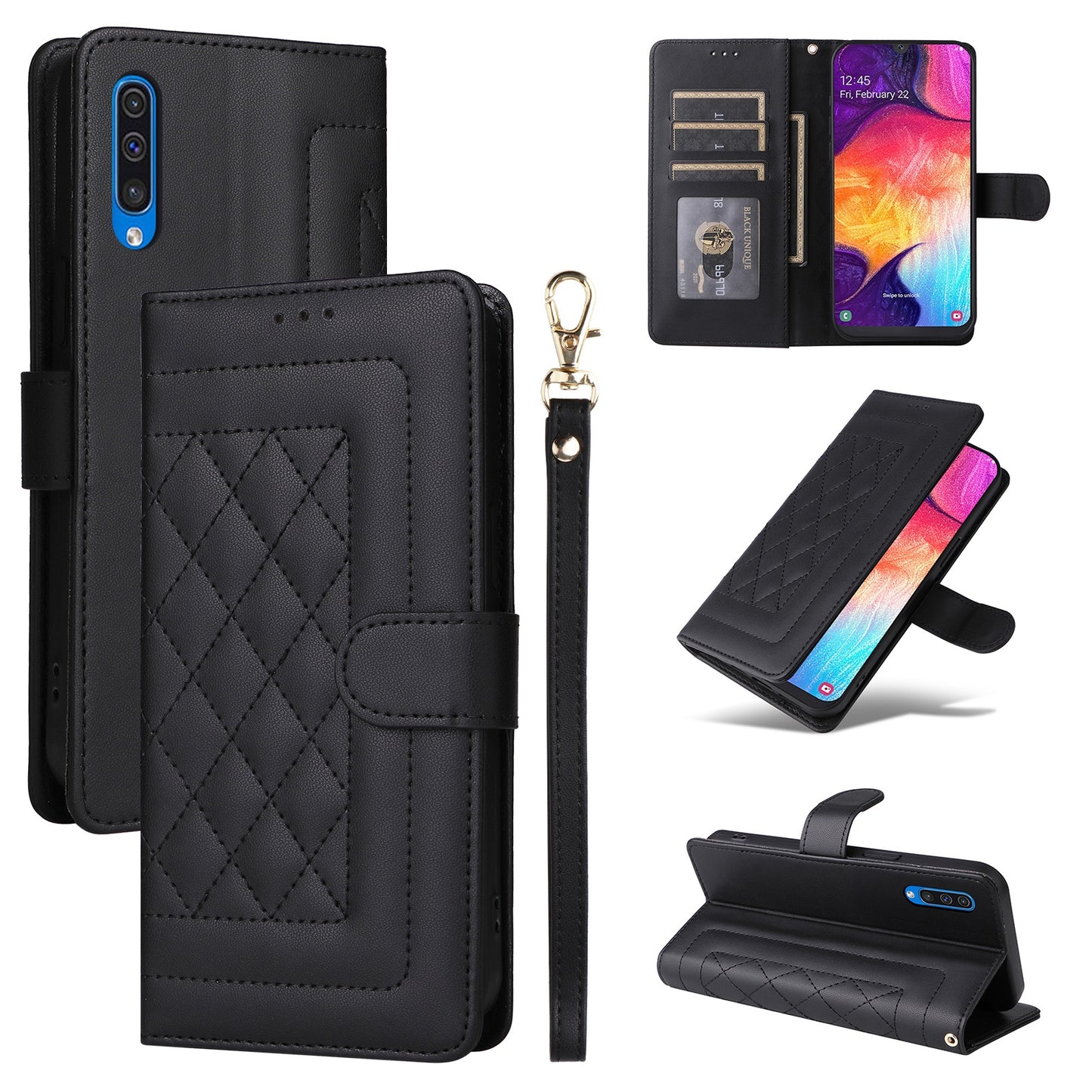 Samsung Galaxy A50 Diamond Lattice Leather Flip Phone Case - Durable and Convenient Holder with Precision Cutouts