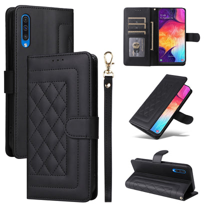 Samsung Galaxy A50 Diamond Lattice Leather Flip Phone Case - Durable and Convenient Holder with Precision Cutouts