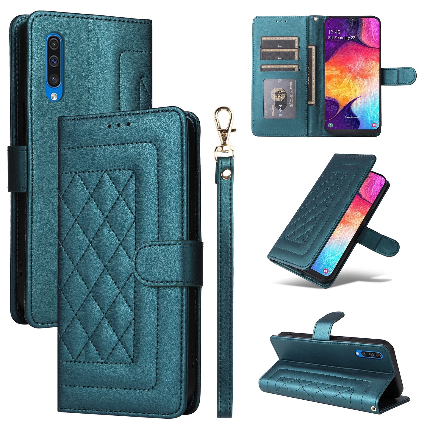 Samsung Galaxy A50 Diamond Lattice Leather Flip Phone Case - Durable and Convenient Holder with Precision Cutouts