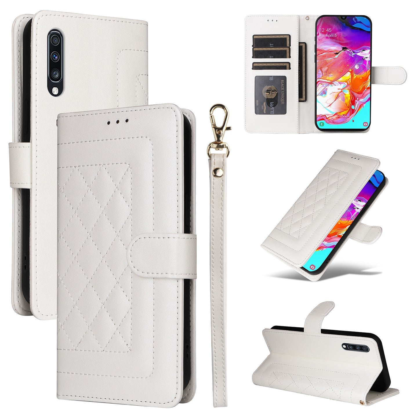 Samsung Galaxy A70 Diamond Lattice Leather Flip Phone Case - Durable and Convenient Holder with Precision Cutouts
