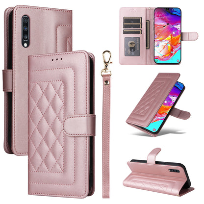 Samsung Galaxy A70 Diamond Lattice Leather Flip Phone Case - Durable and Convenient Holder with Precision Cutouts