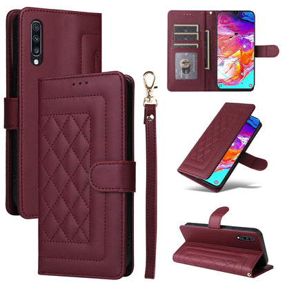 Samsung Galaxy A70 Diamond Lattice Leather Flip Phone Case - Durable and Convenient Holder with Precision Cutouts