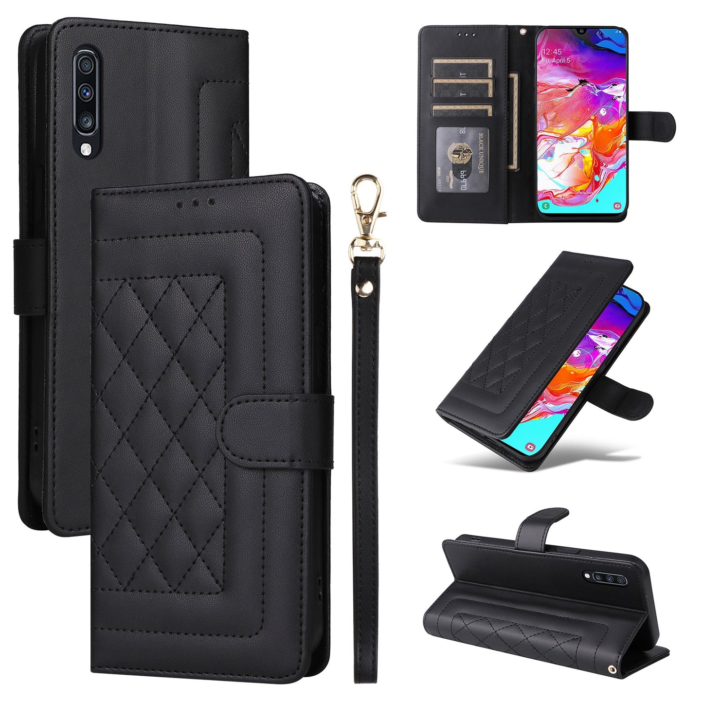 Samsung Galaxy A70 Diamond Lattice Leather Flip Phone Case - Durable and Convenient Holder with Precision Cutouts