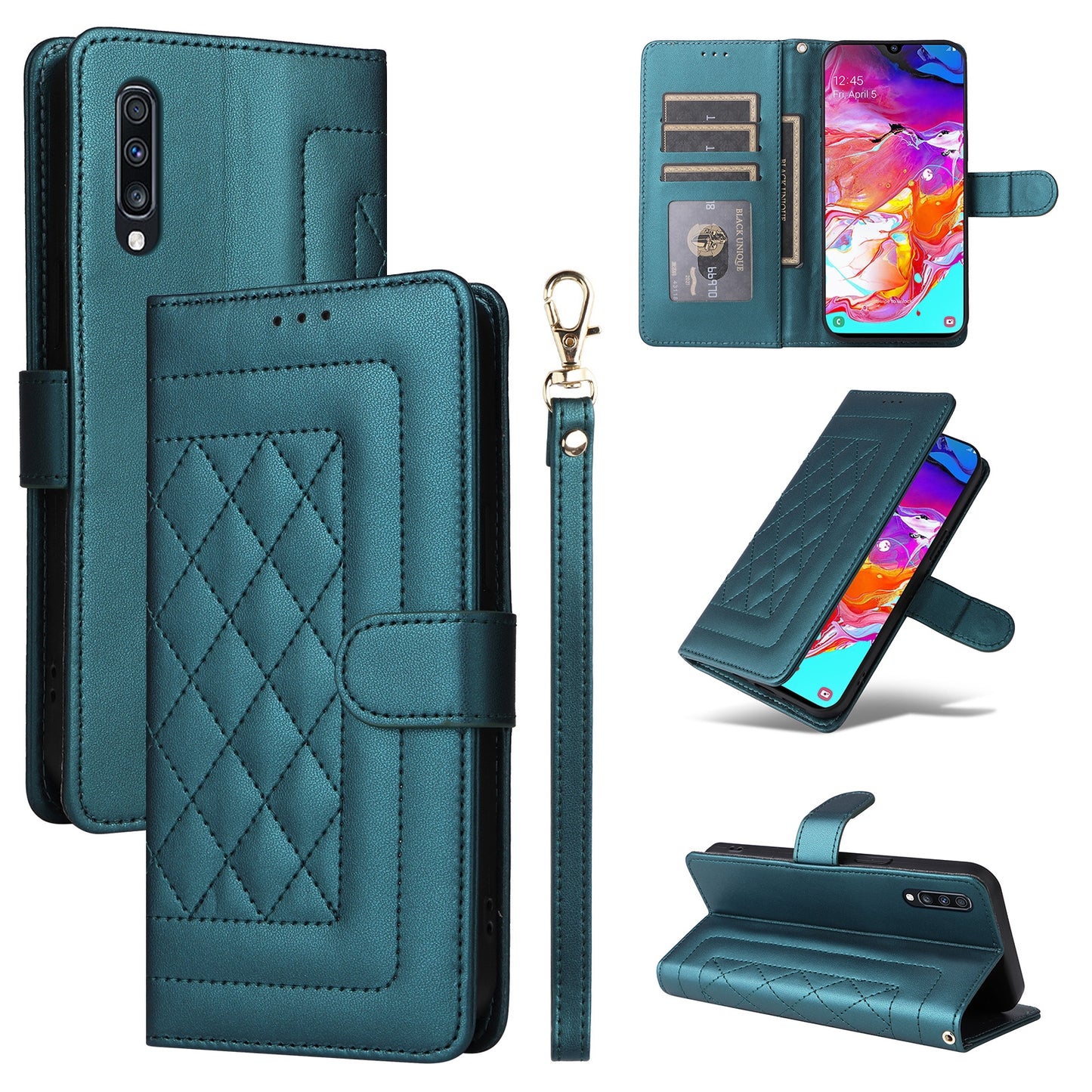 Samsung Galaxy A70 Diamond Lattice Leather Flip Phone Case - Durable and Convenient Holder with Precision Cutouts