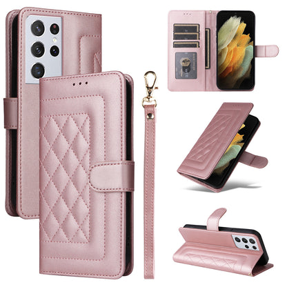 Samsung Galaxy S21 Ultra 5G Diamond Lattice Leather Flip Phone Case - Durable and Convenient Holder with Precision Cutouts
