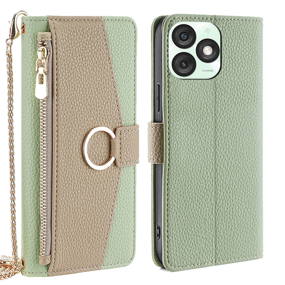 Itel A50 4G Crossbody Phone Case with Litchi Texture Leather, Adjustable Kickstand, Card Slots, Zipper Purse, Makeup Mirror, and TPU Protection