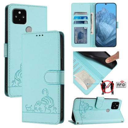 Google Pixel 5 Cat and Rat Embossed Pattern, RFID Leather Phone Case with Lanyard, Kickstand, and Wallet Features