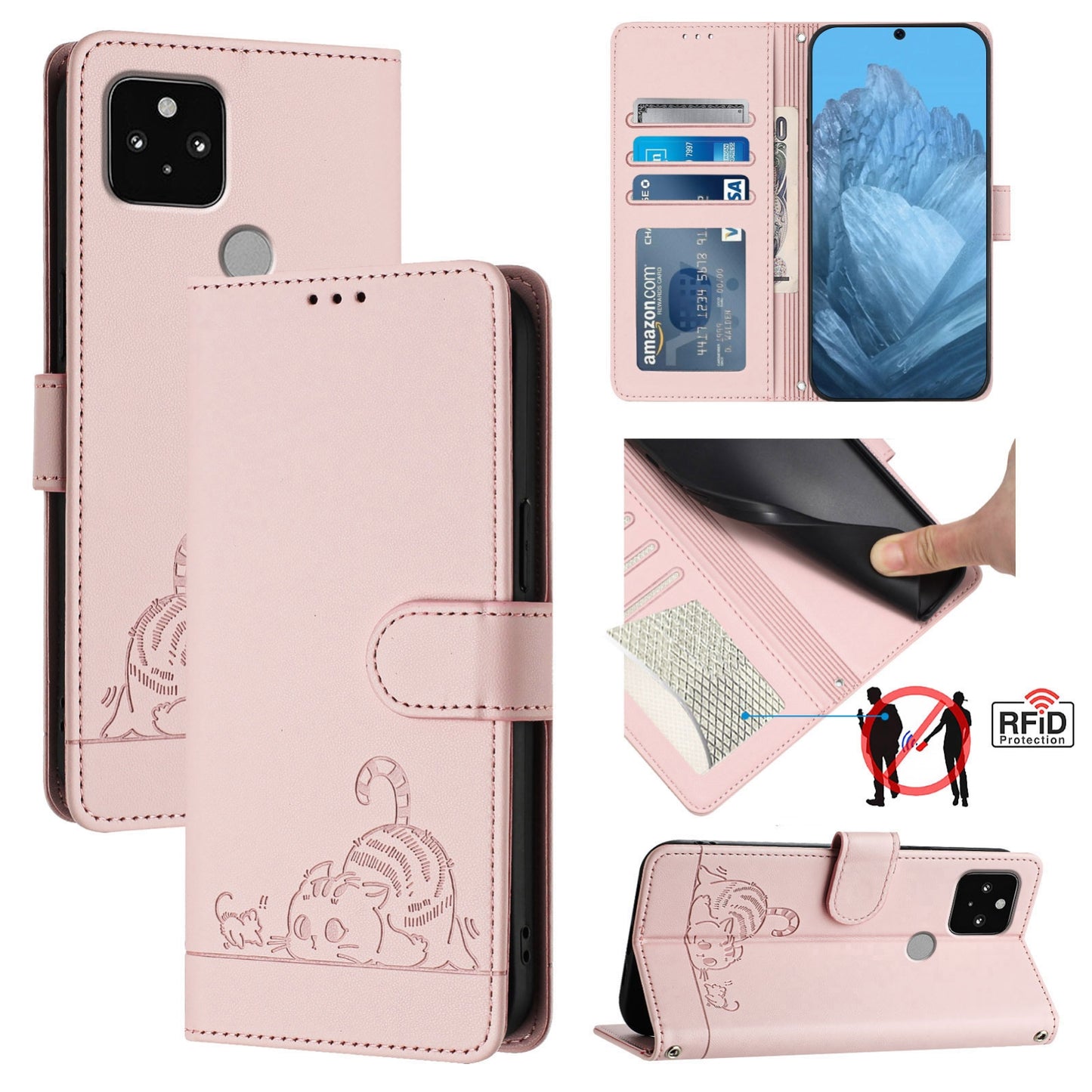 Google Pixel 5 Cat and Rat Embossed Pattern, RFID Leather Phone Case with Lanyard, Kickstand, and Wallet Features