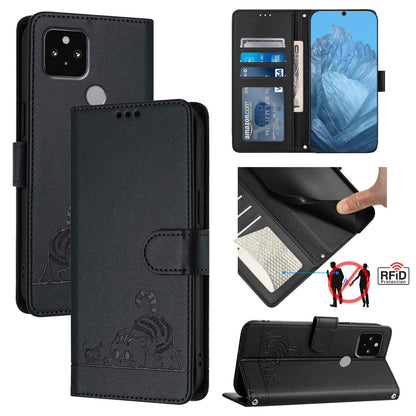 Google Pixel 5 Cat and Rat Embossed Pattern, RFID Leather Phone Case with Lanyard, Kickstand, and Wallet Features