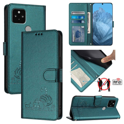 Google Pixel 5 Cat and Rat Embossed Pattern, RFID Leather Phone Case with Lanyard, Kickstand, and Wallet Features