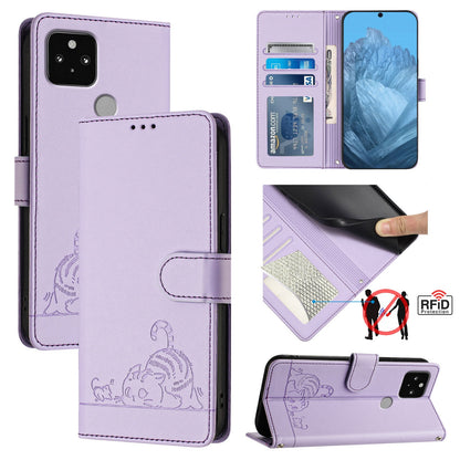 Google Pixel 5 Cat and Rat Embossed Pattern, RFID Leather Phone Case with Lanyard, Kickstand, and Wallet Features