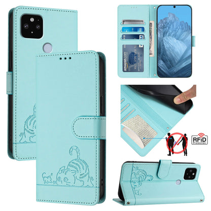 Google Pixel 5 XL Cat and Rat Embossed Pattern, RFID Leather Phone Case with Lanyard, Kickstand, and Wallet Features