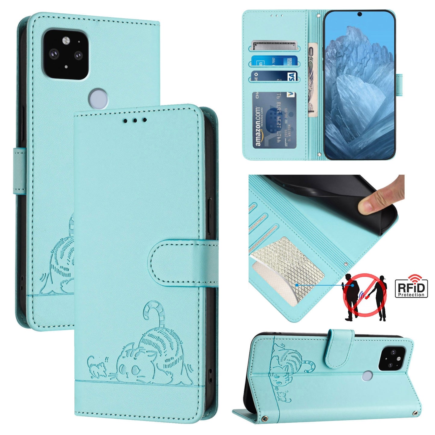 Google Pixel 4A 5G Cat and Rat Embossed Pattern, RFID Leather Phone Case with Lanyard, Kickstand, and Wallet Features