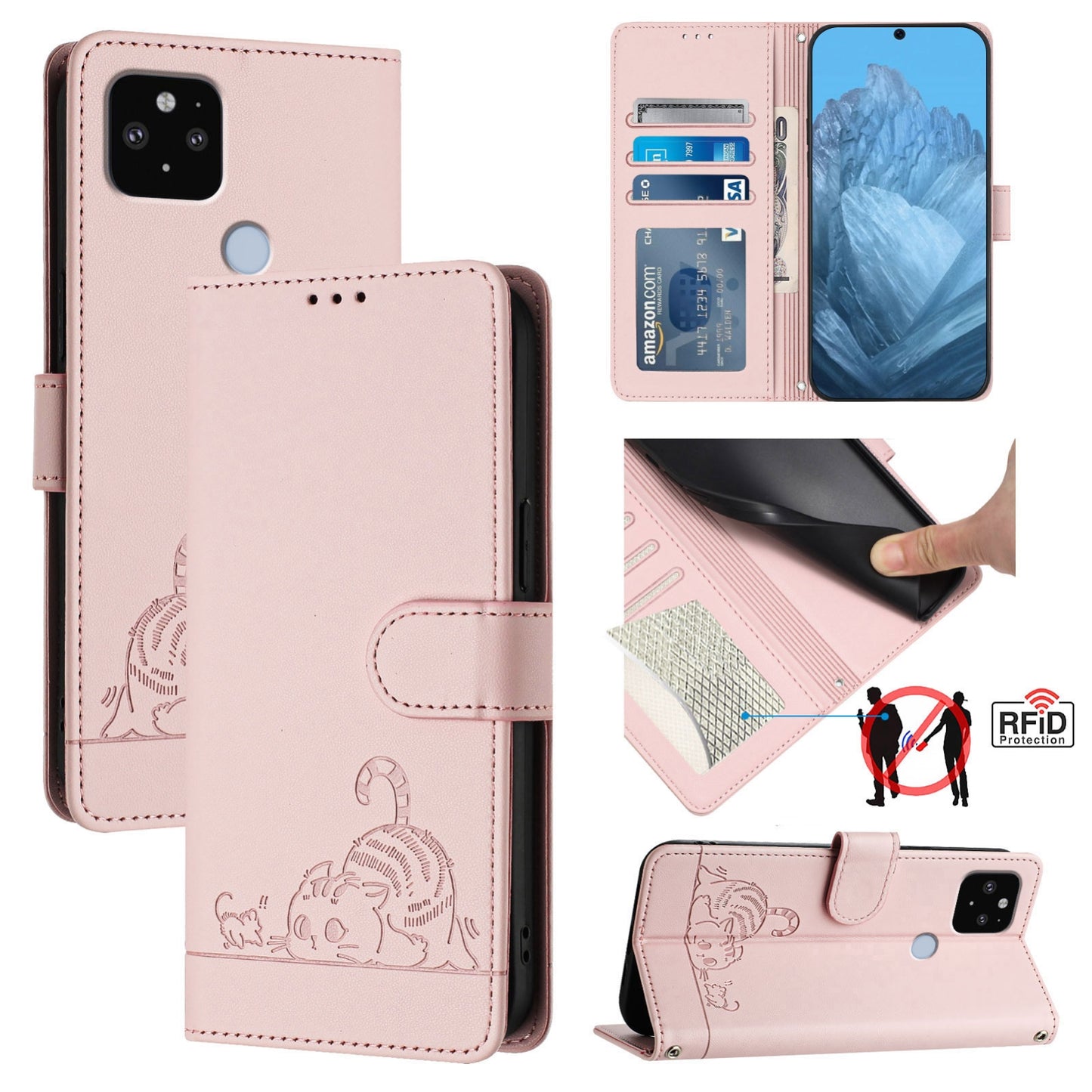 Google Pixel 5 XL Cat and Rat Embossed Pattern, RFID Leather Phone Case with Lanyard, Kickstand, and Wallet Features