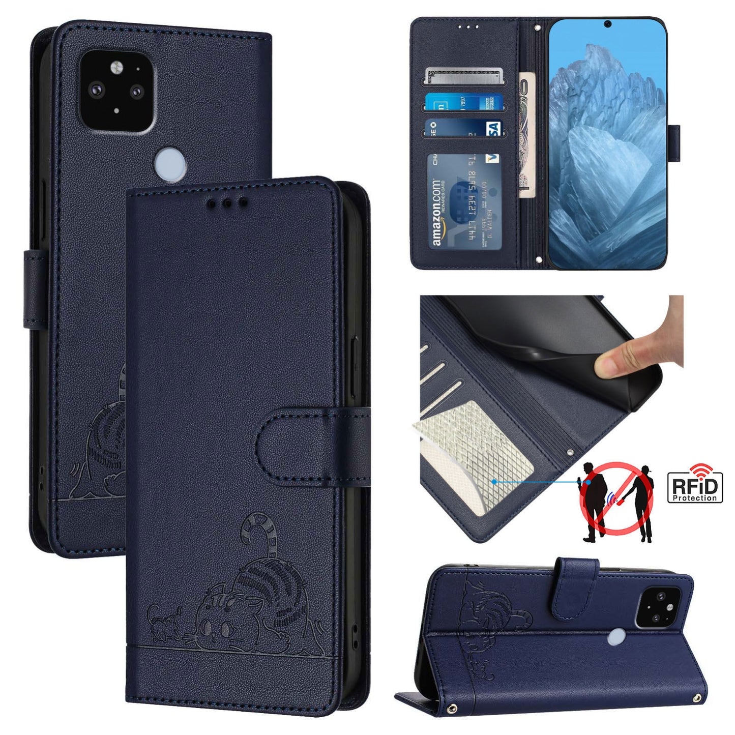 Google Pixel 4A 5G Cat and Rat Embossed Pattern, RFID Leather Phone Case with Lanyard, Kickstand, and Wallet Features