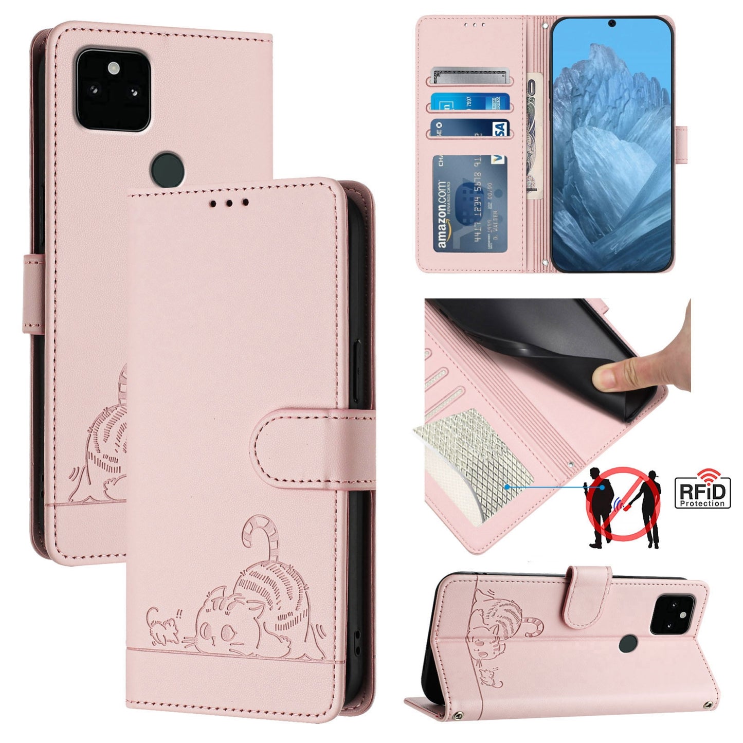 Google Pixel 5A 5G Cat and Rat Embossed Pattern, RFID Leather Phone Case with Lanyard, Kickstand, and Wallet Features