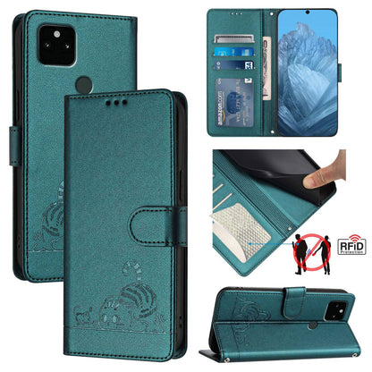 Google Pixel 5A 5G Cat and Rat Embossed Pattern, RFID Leather Phone Case with Lanyard, Kickstand, and Wallet Features