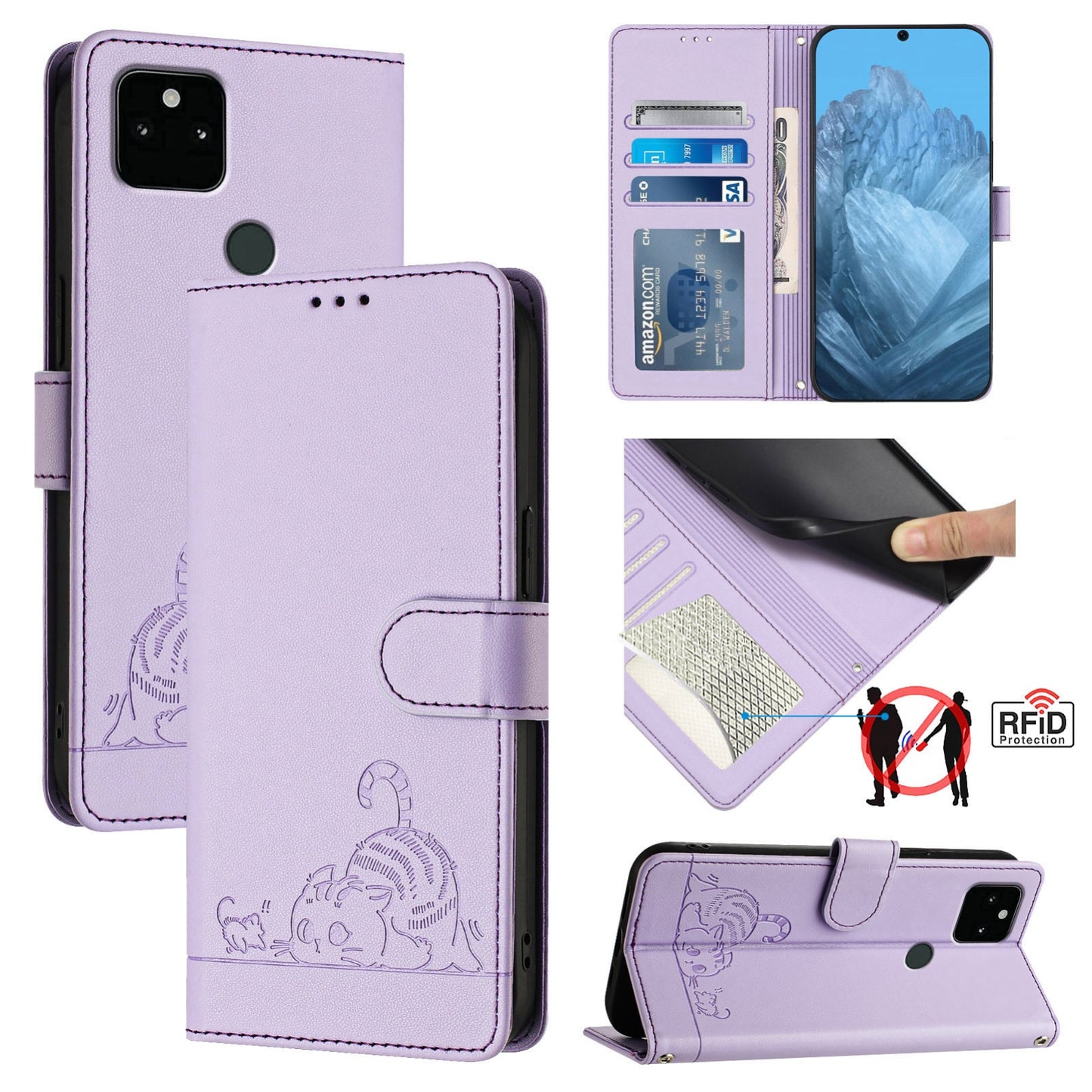 Google Pixel 5A 5G Cat and Rat Embossed Pattern, RFID Leather Phone Case with Lanyard, Kickstand, and Wallet Features