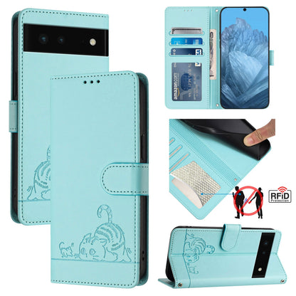 Google Pixel 6 Cat and Rat Embossed Pattern, RFID Leather Phone Case with Lanyard, Kickstand, and Wallet Features