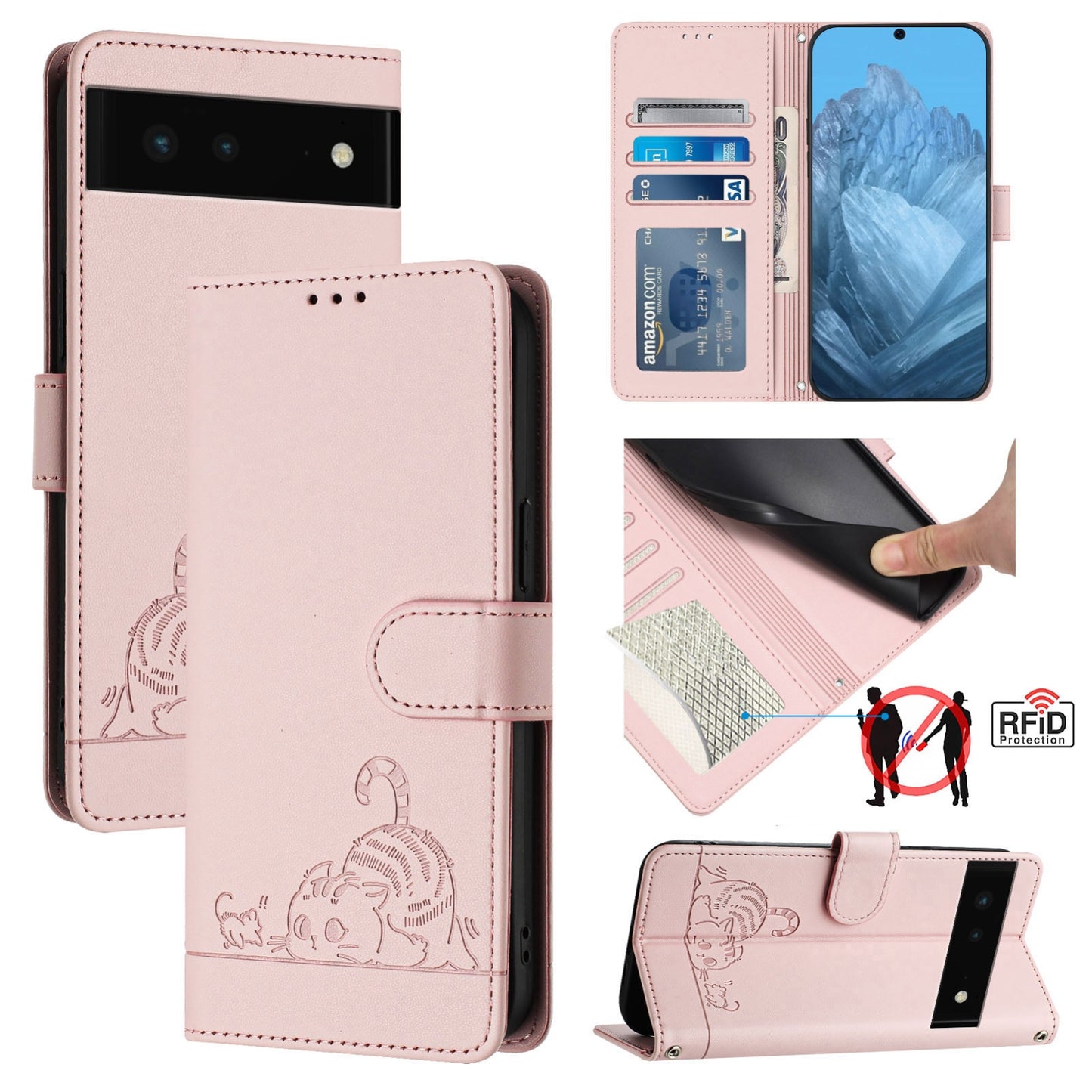 Google Pixel 6 Cat and Rat Embossed Pattern, RFID Leather Phone Case with Lanyard, Kickstand, and Wallet Features