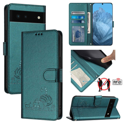 Google Pixel 6 Cat and Rat Embossed Pattern, RFID Leather Phone Case with Lanyard, Kickstand, and Wallet Features