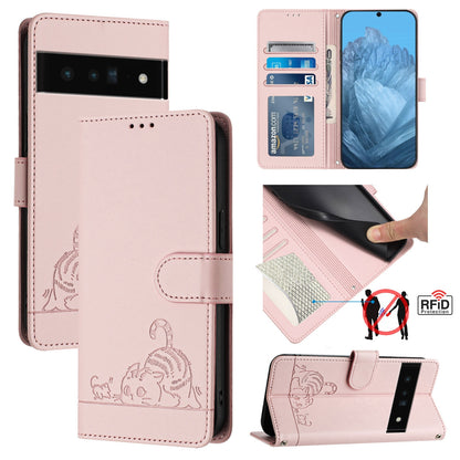 Google Pixel 6 Pro Cat and Rat Embossed Pattern, RFID Leather Phone Case with Lanyard, Kickstand, and Wallet Features