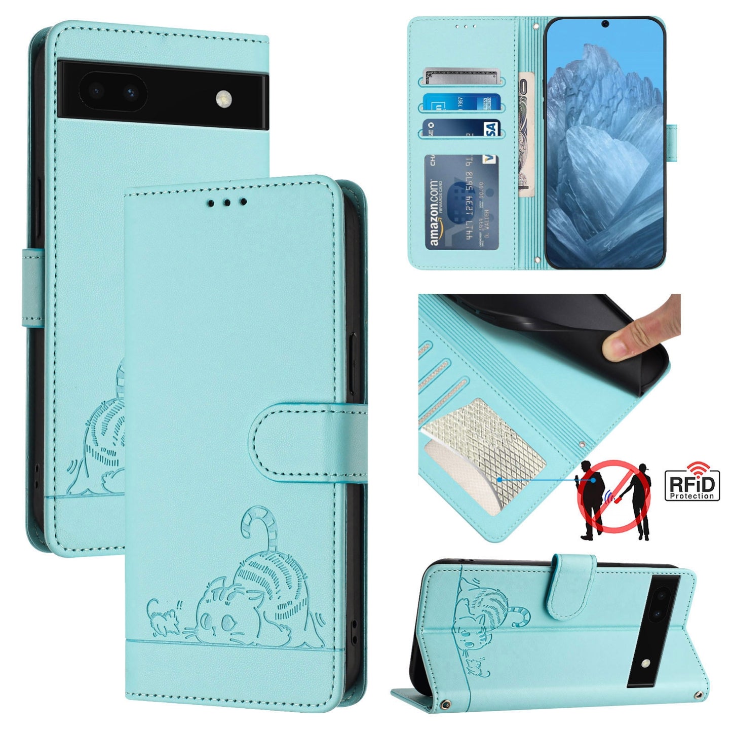 Google Pixel 6A Cat and Rat Embossed Pattern, RFID Leather Phone Case with Lanyard, Kickstand, and Wallet Features