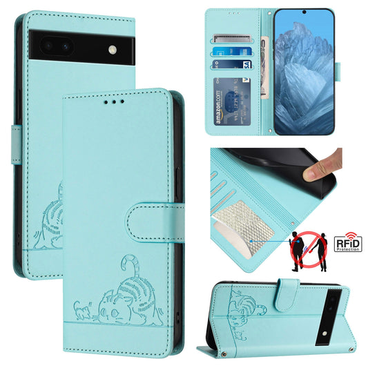 Google Pixel 6A Cat and Rat Embossed Pattern, RFID Leather Phone Case with Lanyard, Kickstand, and Wallet Features