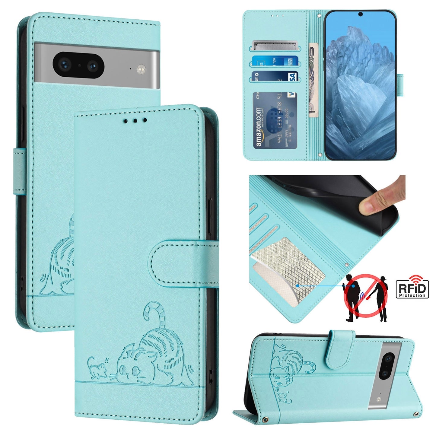 Google Pixel 7 5G Cat and Rat Embossed Pattern, RFID Leather Phone Case with Lanyard, Kickstand, and Wallet Features