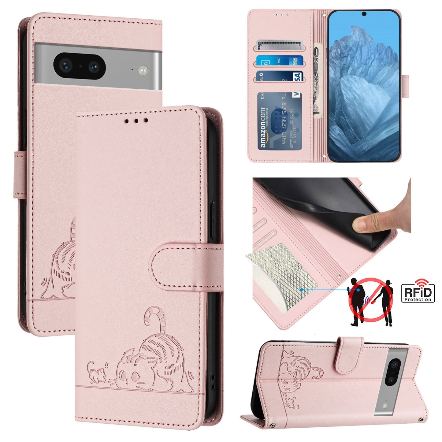 Google Pixel 7 5G Cat and Rat Embossed Pattern, RFID Leather Phone Case with Lanyard, Kickstand, and Wallet Features